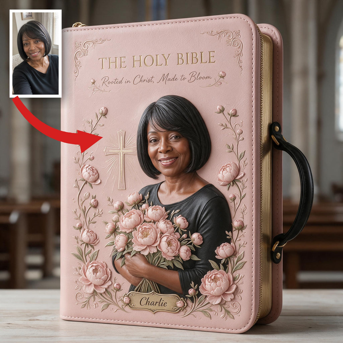 Personalized Middle-Aged Black Woman Christian Leather Bible Cover Bag Gift