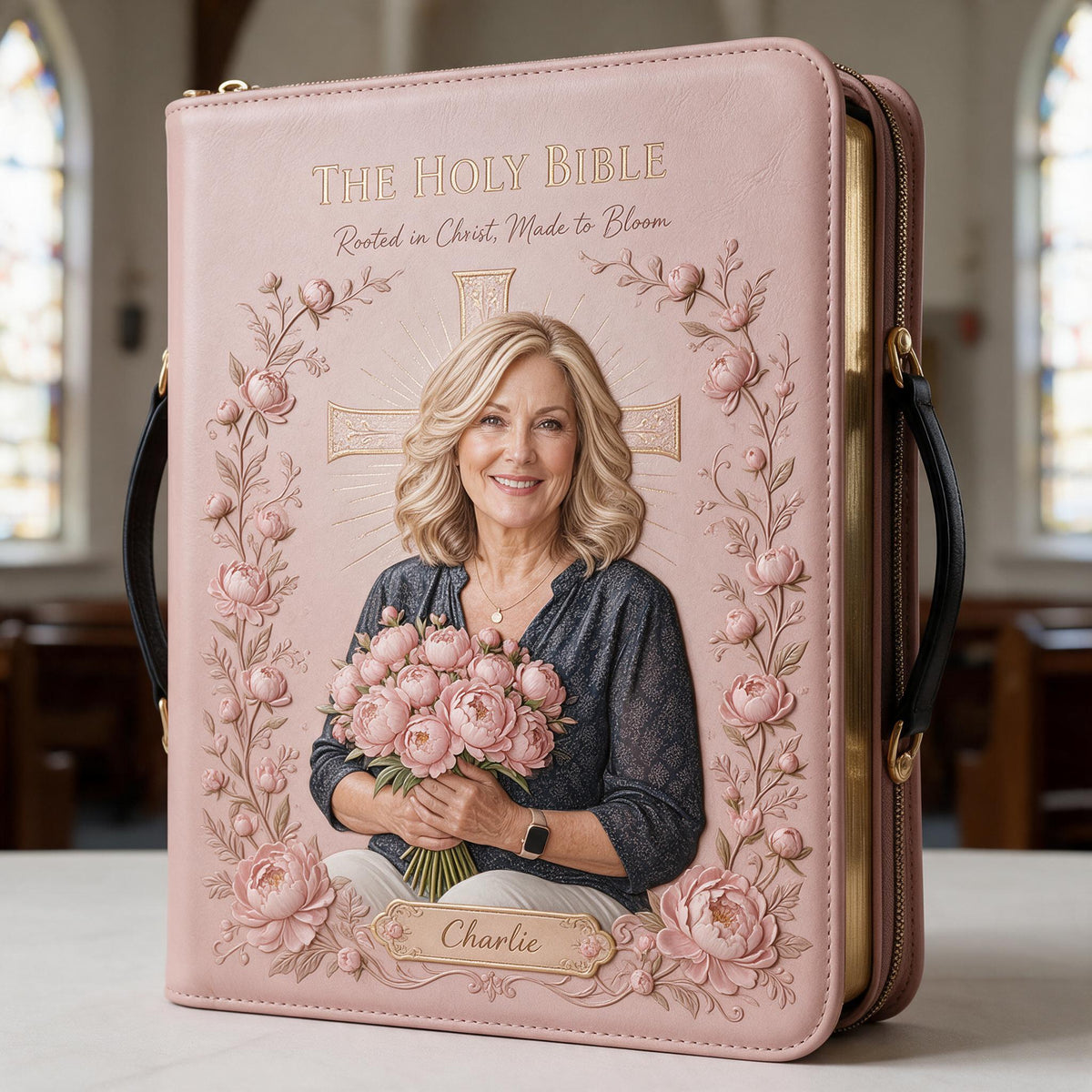 Personalized Middle-Aged Woman Christian Leather Bible Cover Bag, Gift for Mom Grandma Wife