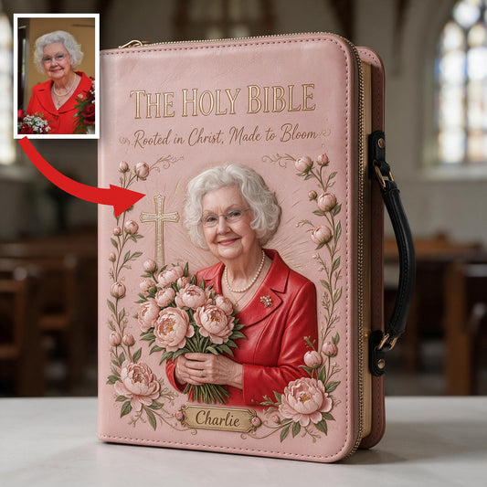 Personalized Older Woman Christian Leather Bible Cover Bag, Religious Gift for Grandma Mom Wife