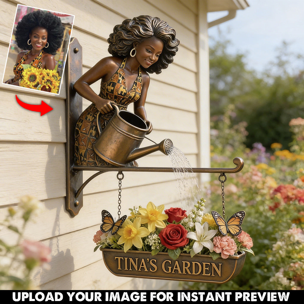 Custom Photo Middle-Aged Black Woman Gardening Wooden Wall Mount Garden Sign Gift