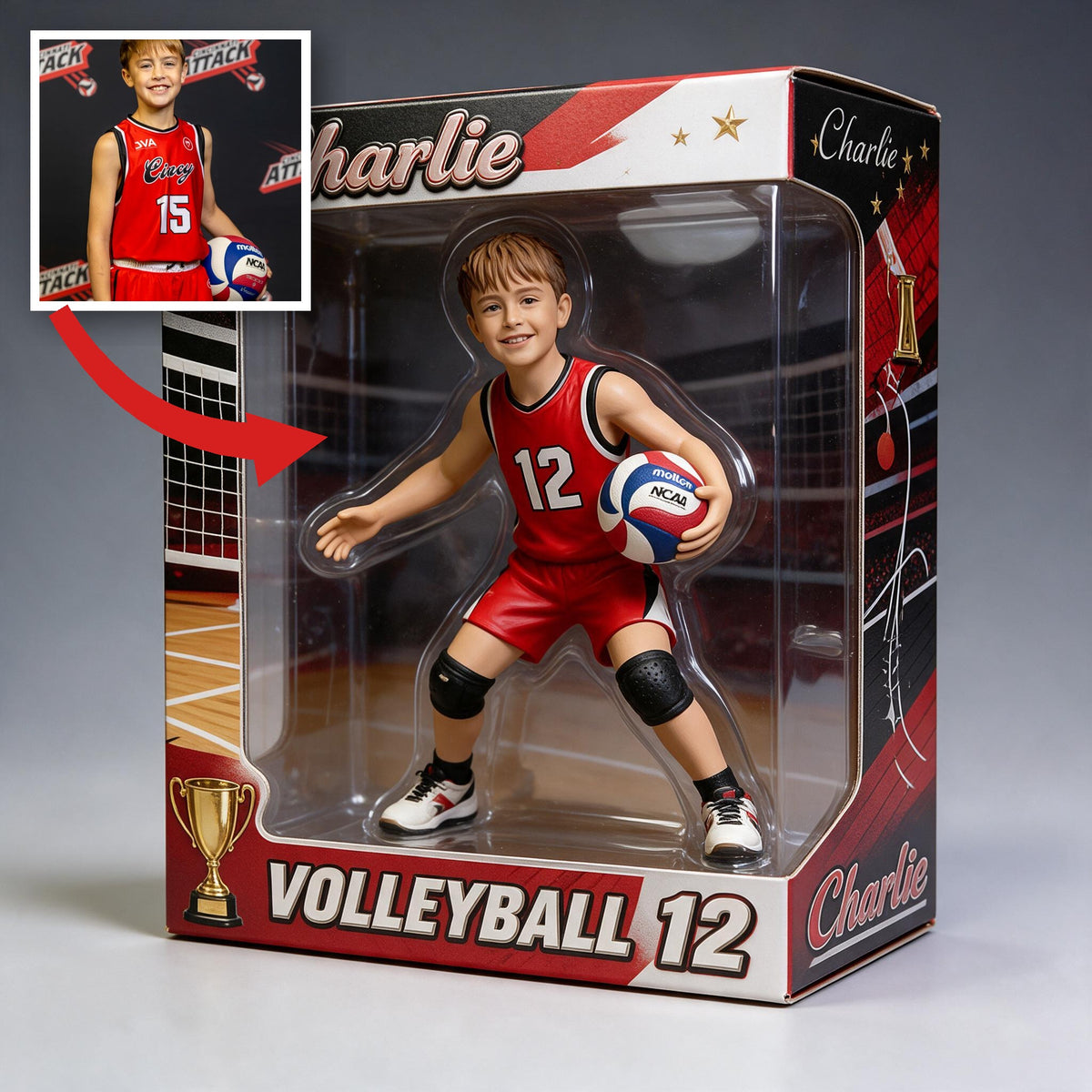 Personalized Male Youth Volleyball Player 3D Acrylic Display Box Keepsake Gift