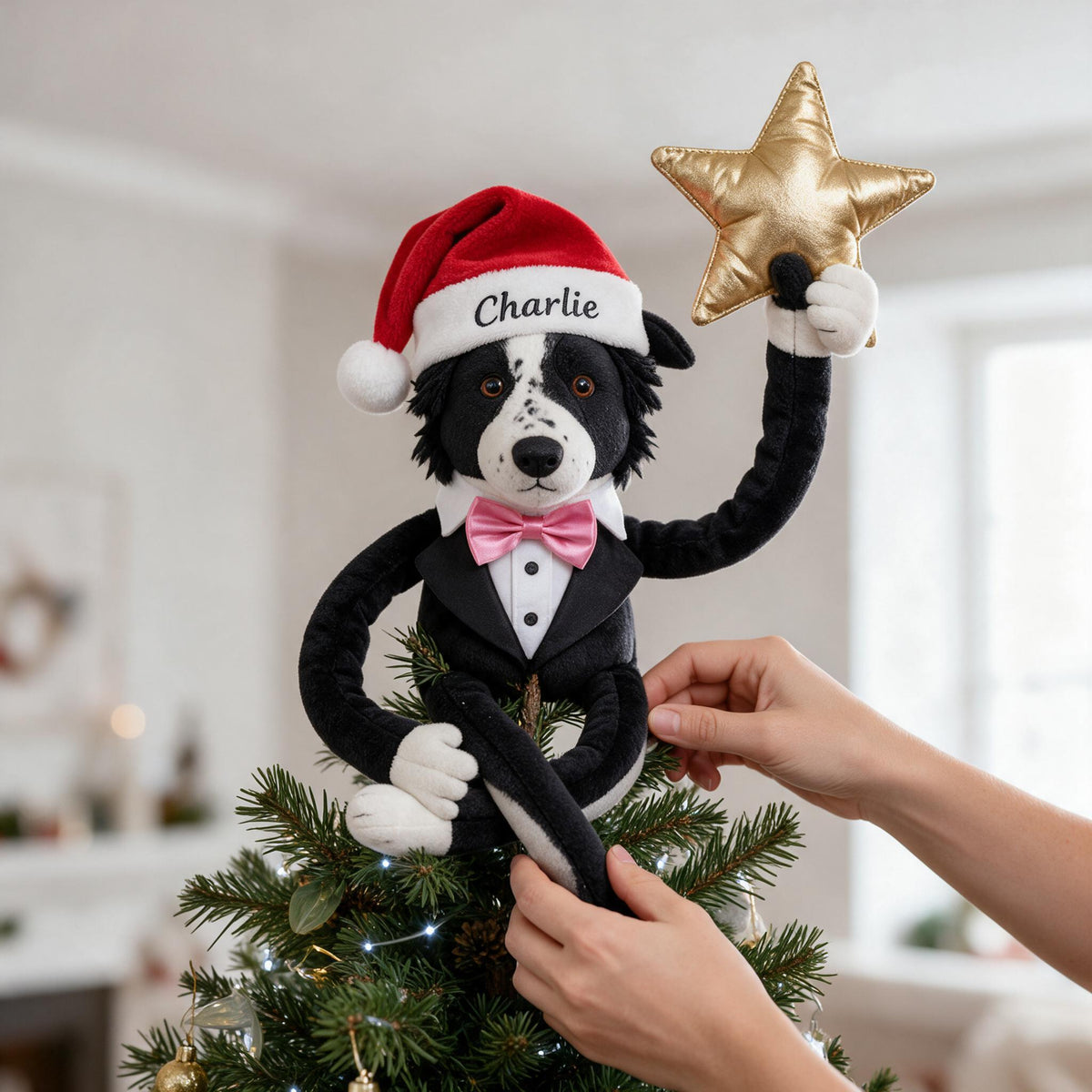 Personalized Christmas Border Collie Tuxedo Posable Plush Doll Tree Topper