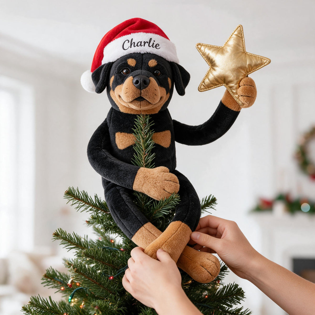 Personalized Christmas Black and Tan Rottweiler Posable Plush Doll Tree Topper
