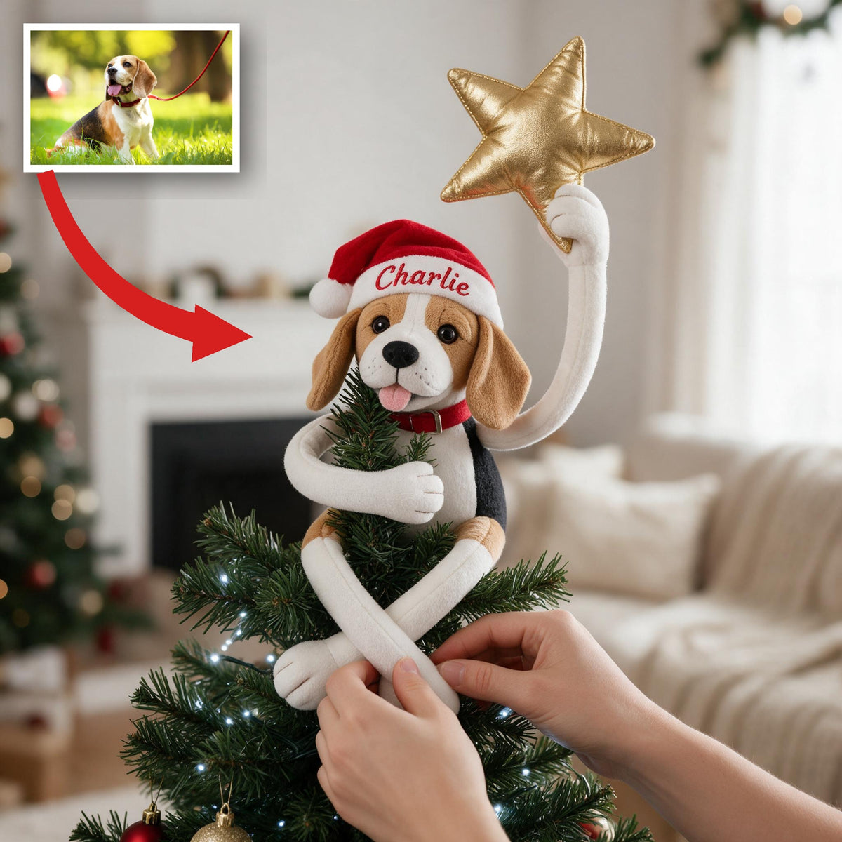 Personalized Christmas Tricolor Adult Beagle Posable Plush Doll Tree Topper Gift