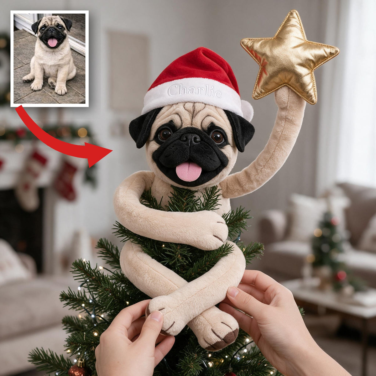 Personalized Christmas Fawn Black Mask Pug Posable Plush Doll Gift