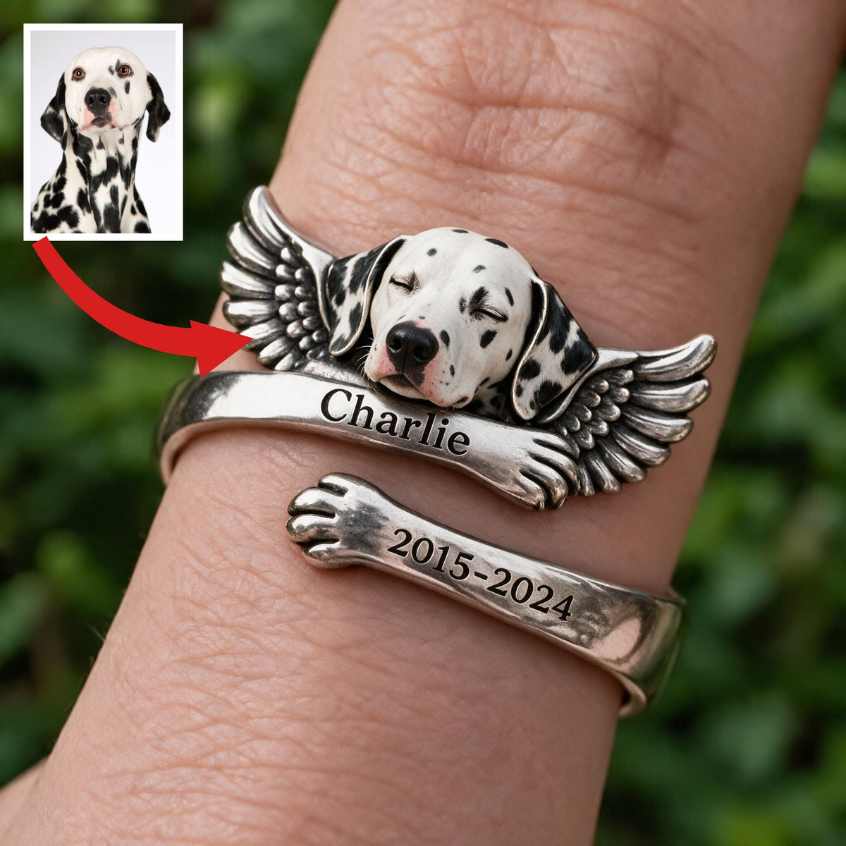 Personalized Black and White Spotted Dalmatian Memorial Adjustable Ring Pet Keepsake