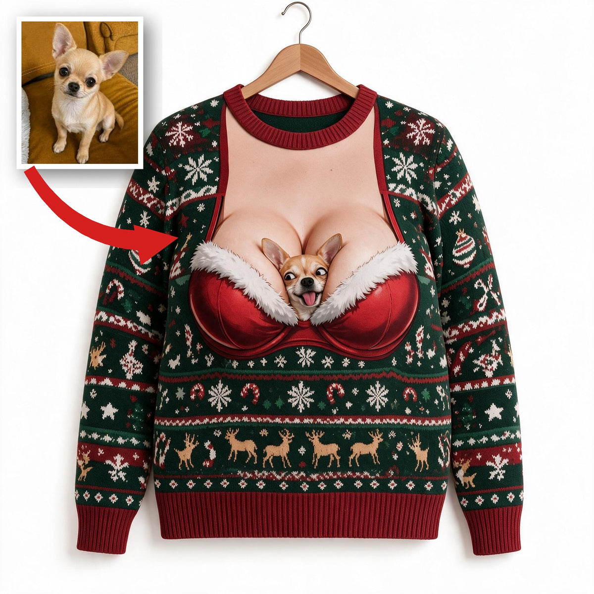 Custom Photo Christmas Fawn Chihuahua Puppy Ugly Sweater Funny Pet Gift