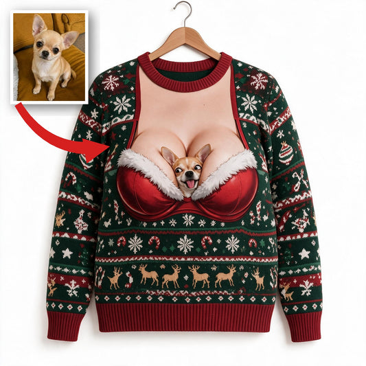 Custom Photo Christmas Fawn Chihuahua Puppy Ugly Sweater Funny Pet Gift