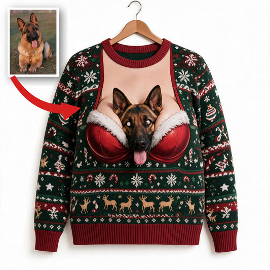 Custom Photo Christmas Black and Tan German Shepherd Ugly Sweater