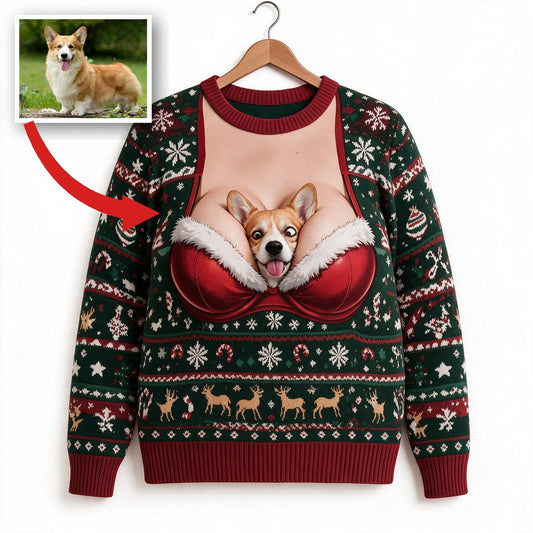 Custom Photo Christmas Tan and White Pembroke Welsh Corgi Ugly Sweater Funny Holiday Gift