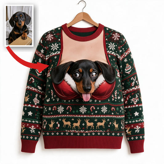 Custom Photo Christmas Black and Tan Dachshund Puppy Ugly Sweater Funny Gift