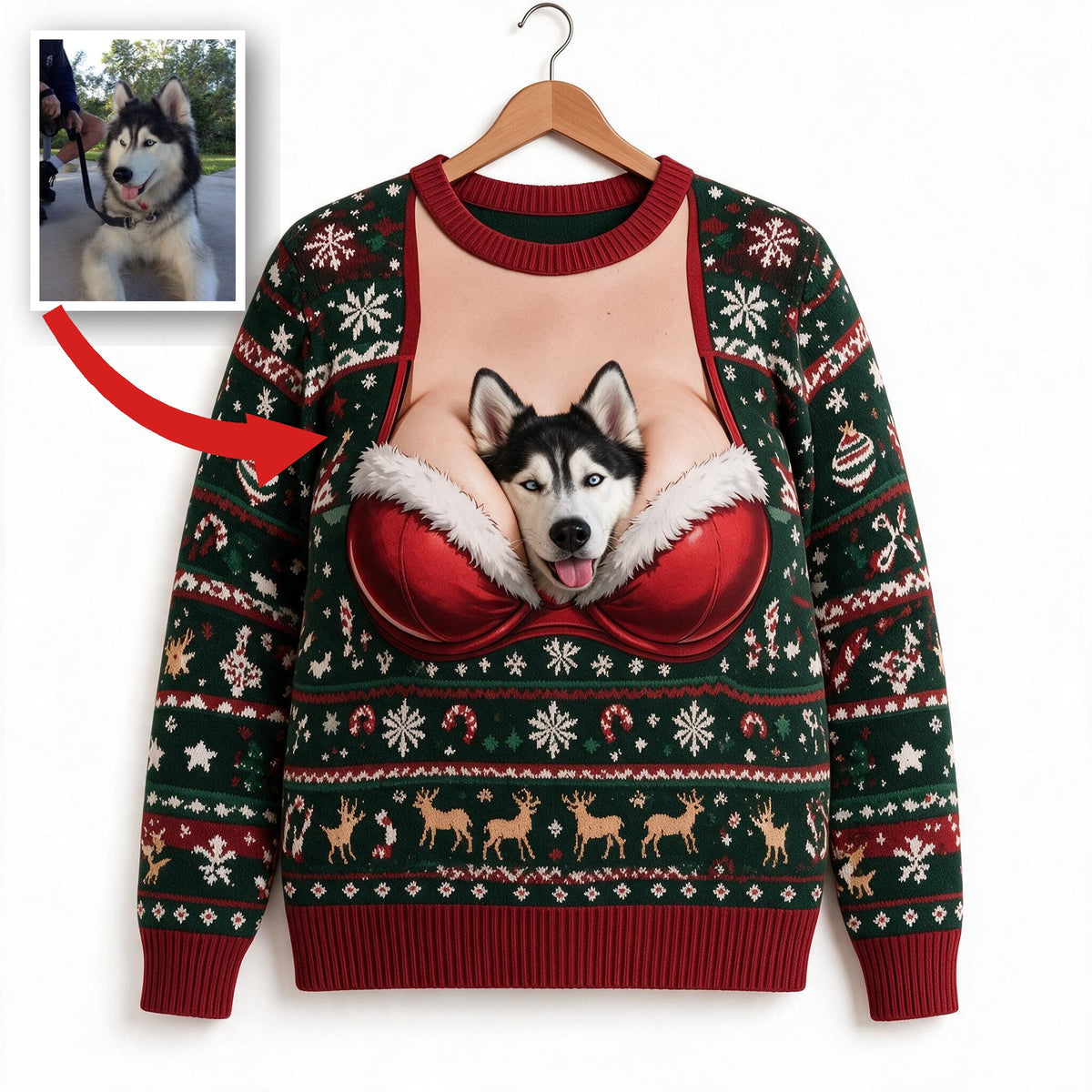 Custom Photo Christmas Siberian Husky Ugly Sweater Funny Pet Holiday Gift