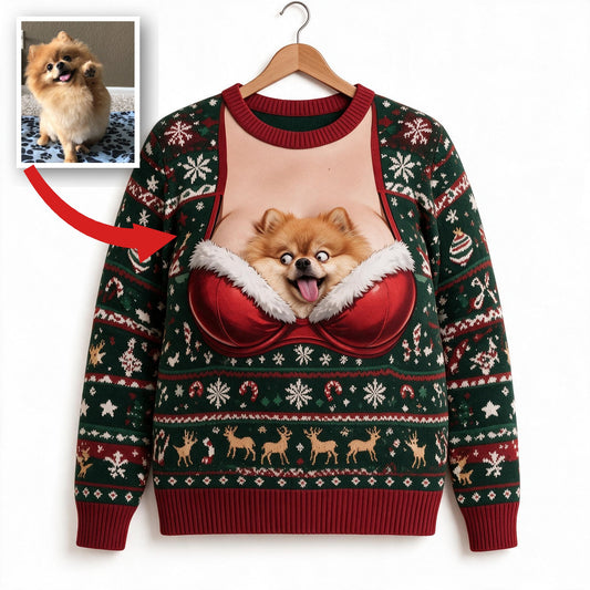Custom Photo Christmas Fluffy Golden Tan Pomeranian Ugly Sweater Funny Pet Gift