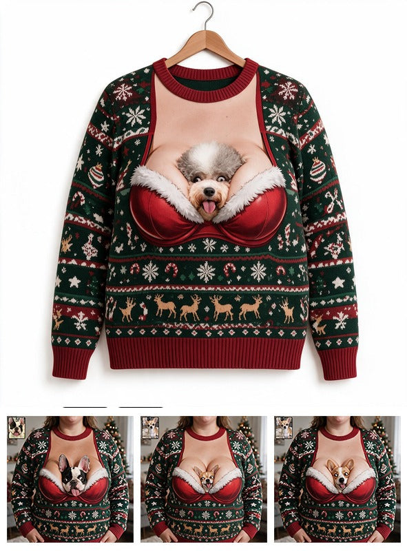 Custom Photo Christmas Curly Fur Adult Poodle Funny Ugly Sweater