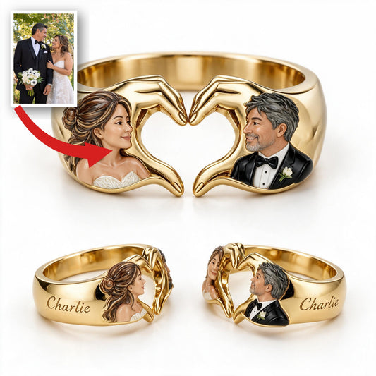 Personalized Wedding Anniversary Middle-Aged Latino Couple Hand Heart Ring