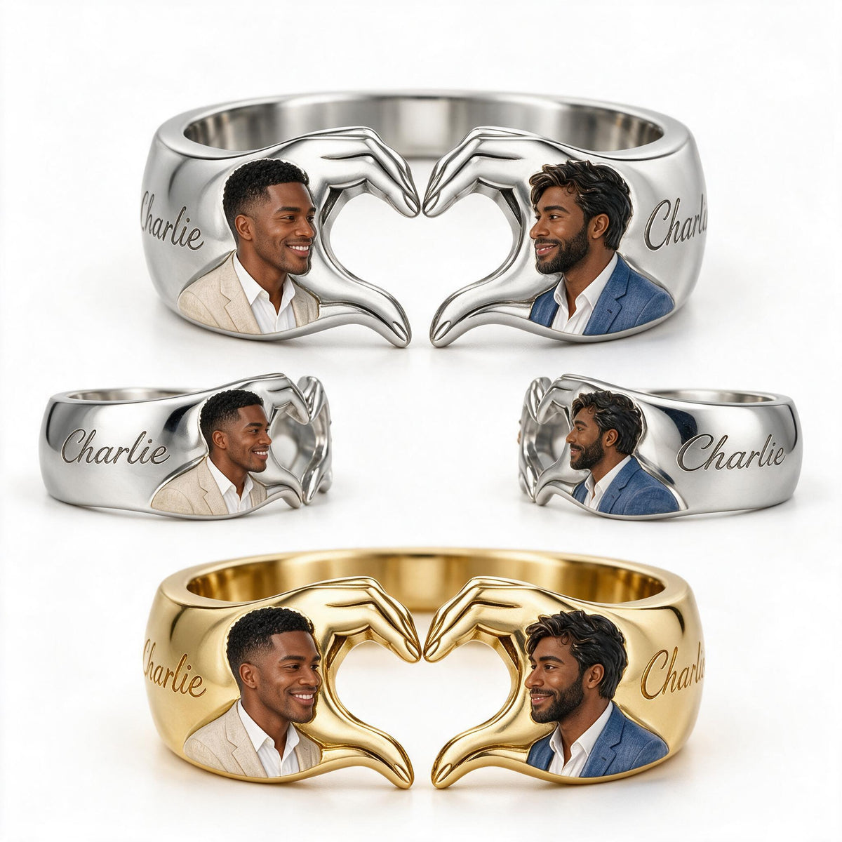 Personalized LGBT Anniversary Black Gay Couple Hand Heart Adjustable Ring