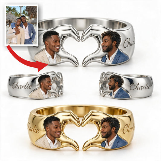 Personalized LGBT Anniversary Black Gay Couple Hand Heart Adjustable Ring