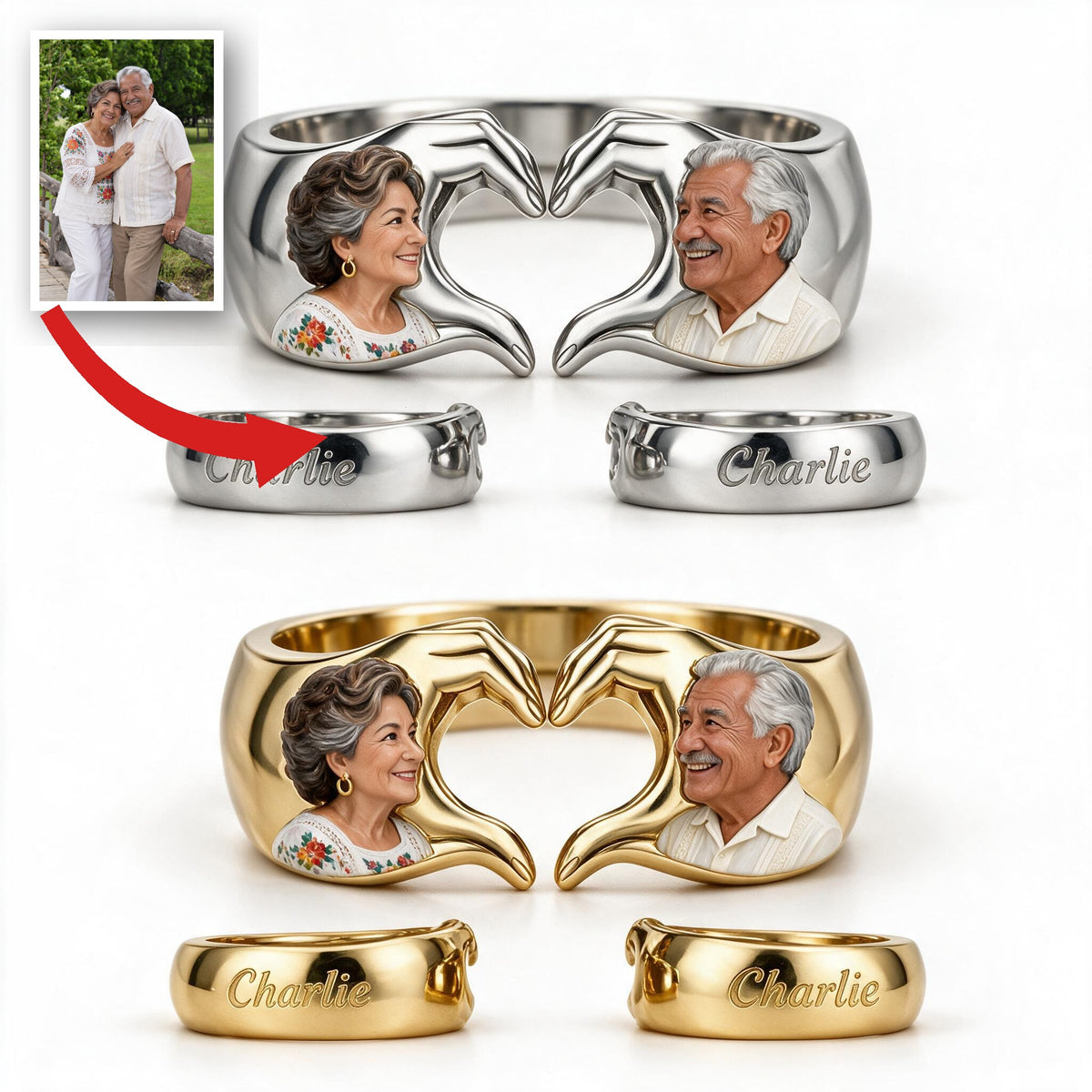 Personalized Anniversary Older Latino Couple Adjustable Hand Heart Ring Keepsake Gift