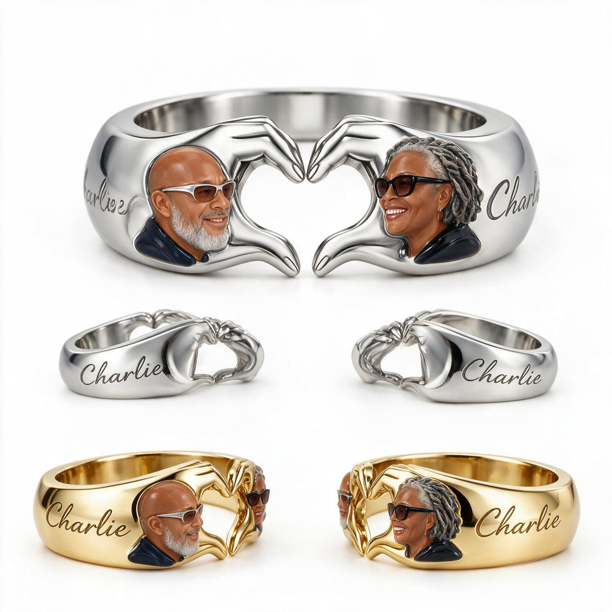 Personalized Anniversary Middle-Aged Black Couple Adjustable Heart Ring Gift