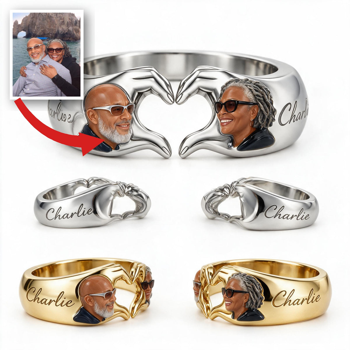 Personalized Anniversary Middle-Aged Black Couple Adjustable Heart Ring Gift