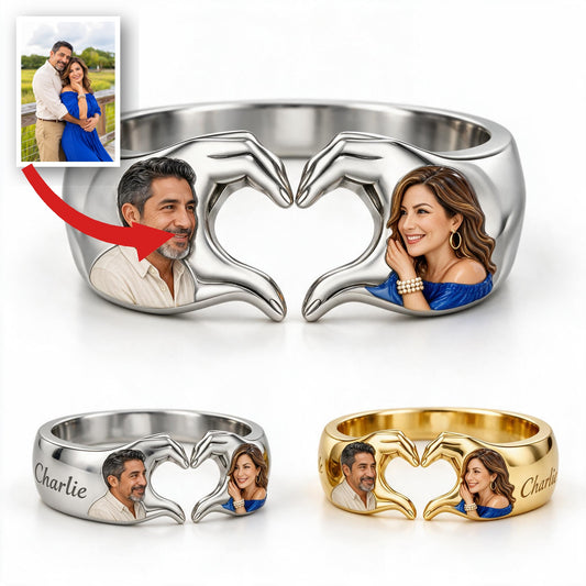 Personalized Anniversary Middle-Aged Latino Couple Hand Heart Ring Gift