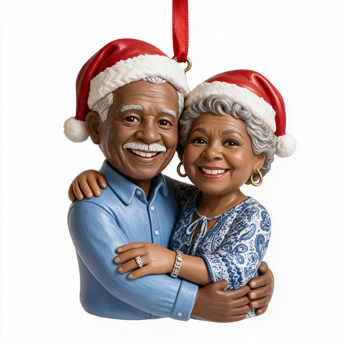 Custom Photo Christmas Older Black Couple Caricature Ornament, Grandparent Gift