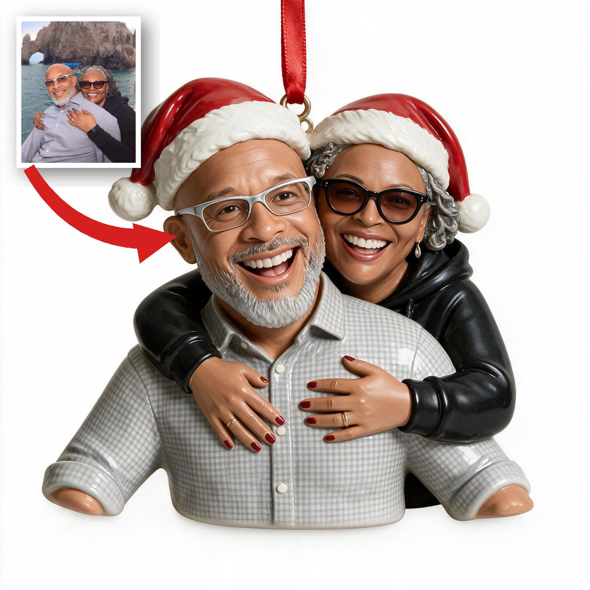 Custom Photo Christmas Middle-Aged Black Couple Caricature Ornament, Couple Holiday Gift