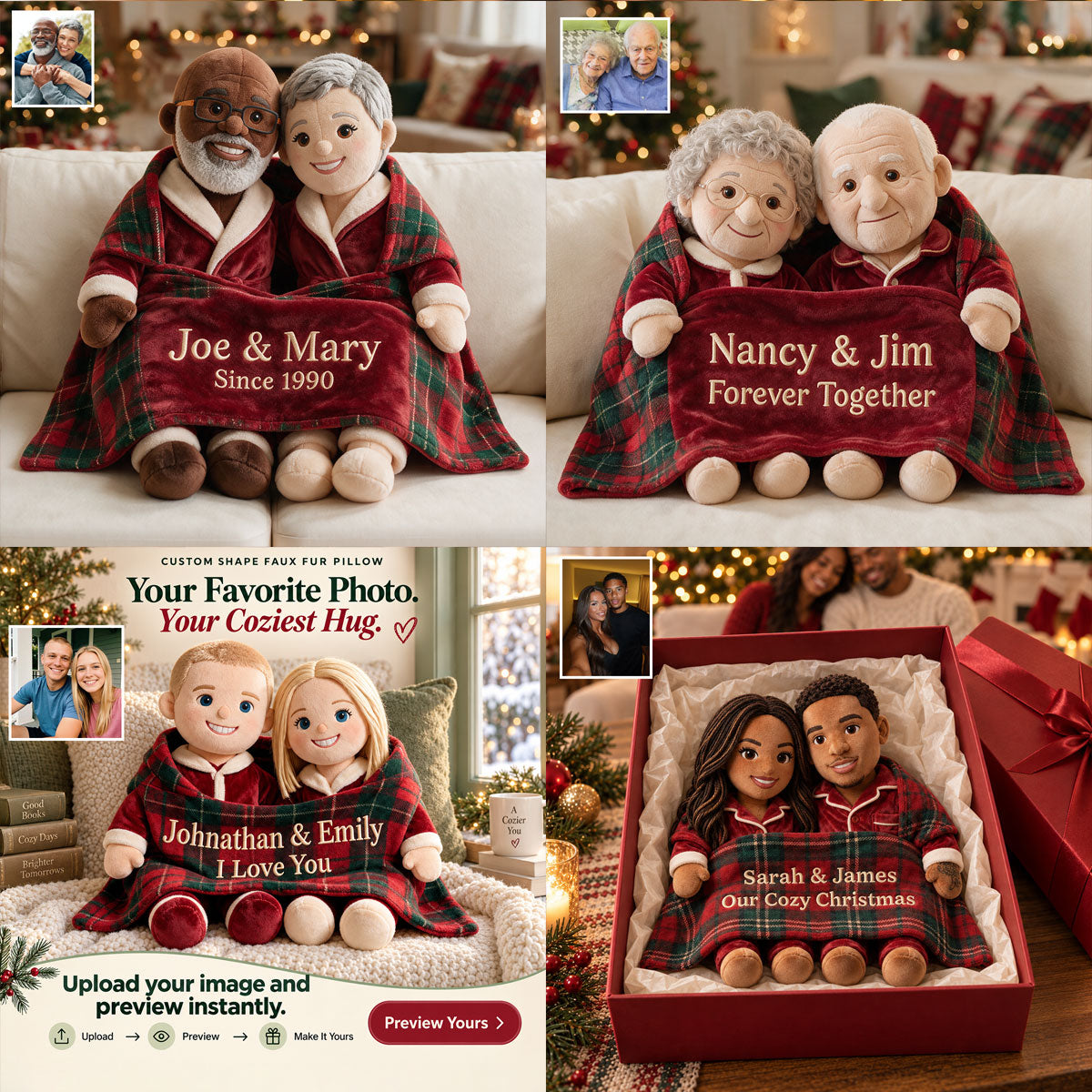 Personalized Christmas Black Gay Couple Faux Fur Pillow LGBT Holiday Decor