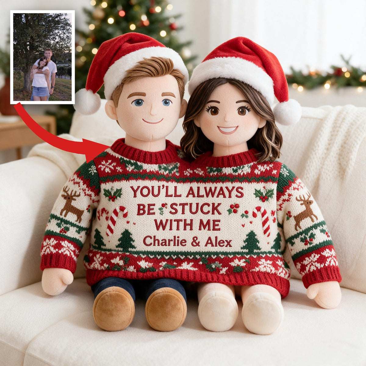 Custom Photo Christmas Couple Faux Fur Pillow - Husband Wife Holiday Home Gift