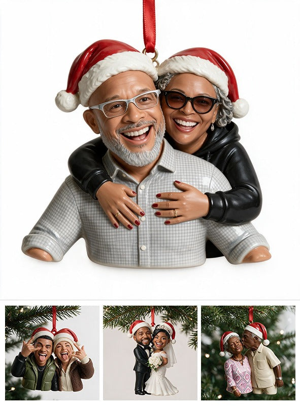Custom Photo Christmas Middle-Aged Black Couple Caricature Ornament, Couple Holiday Gift