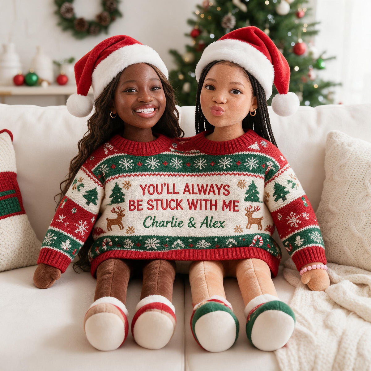 Custom Photo Christmas Black Lesbian Couple Faux Fur Pillow, LGBT Couple Holiday Gift
