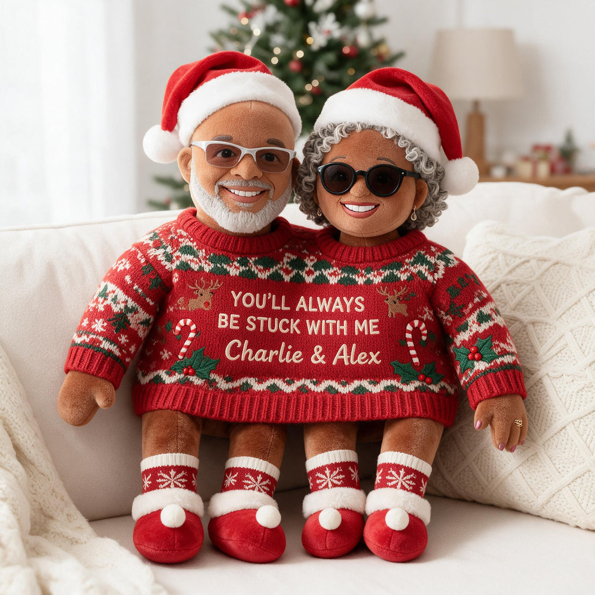 Custom Photo Christmas Middle-Aged Black Couple Faux Fur Pillow, Holiday Couple Gift