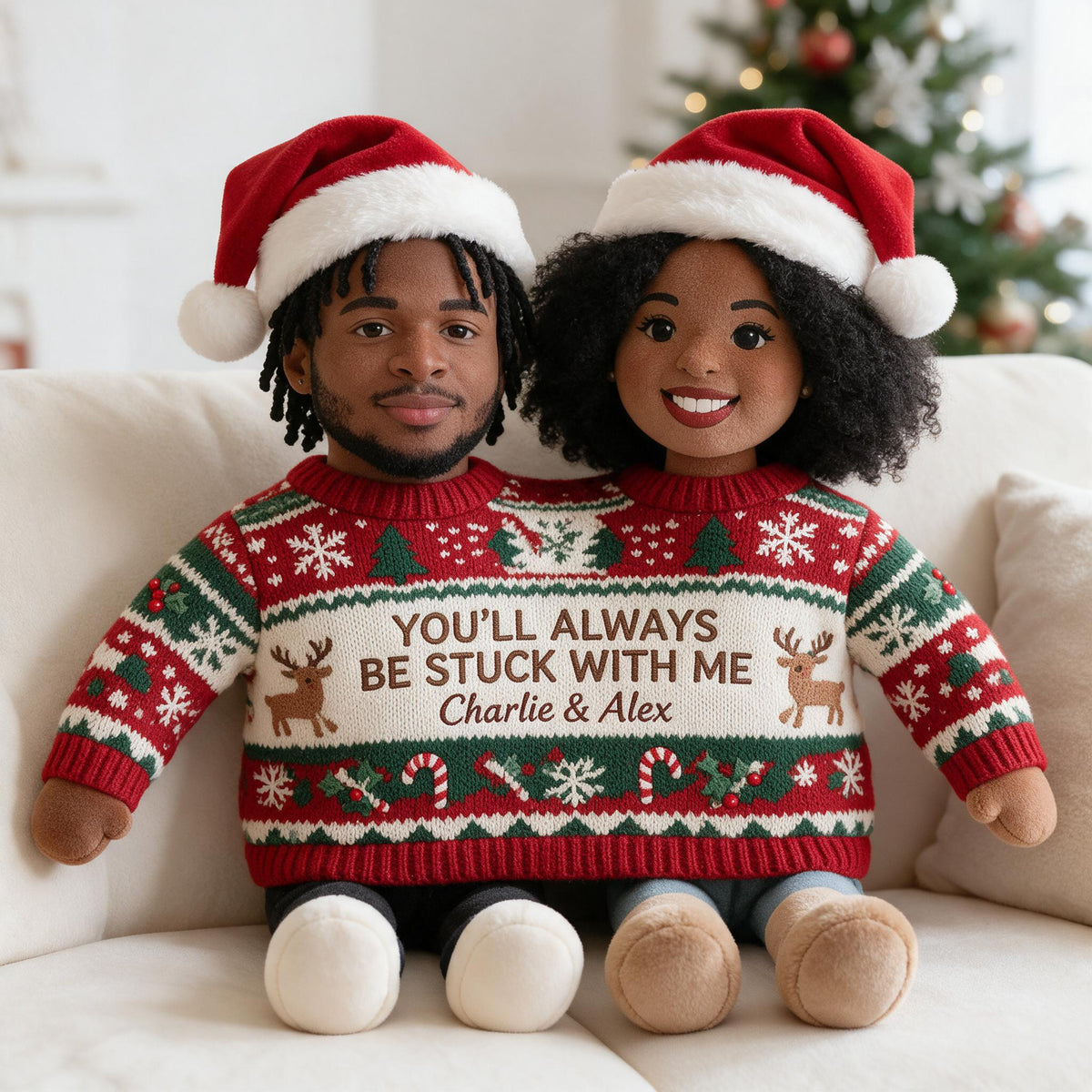 Custom Photo Christmas Black Couple Faux Fur Pillow, Husband Wife Gift
