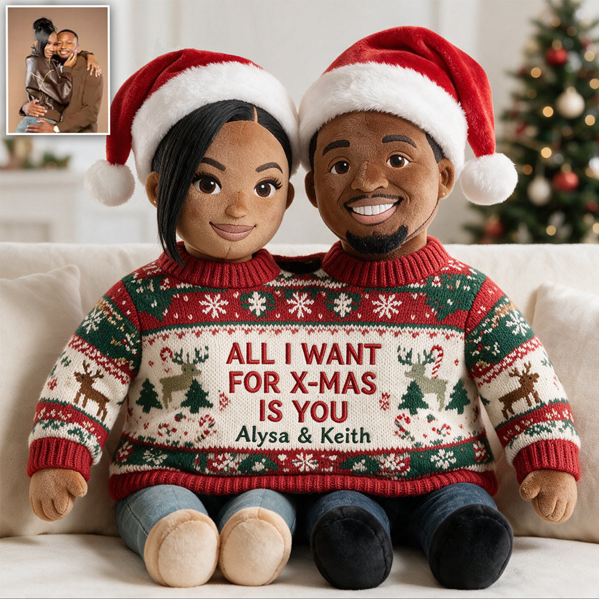 Custom Photo Christmas Middle-Aged Couple Faux Fur Pillow, Husband Wife Personalized Home Gift
