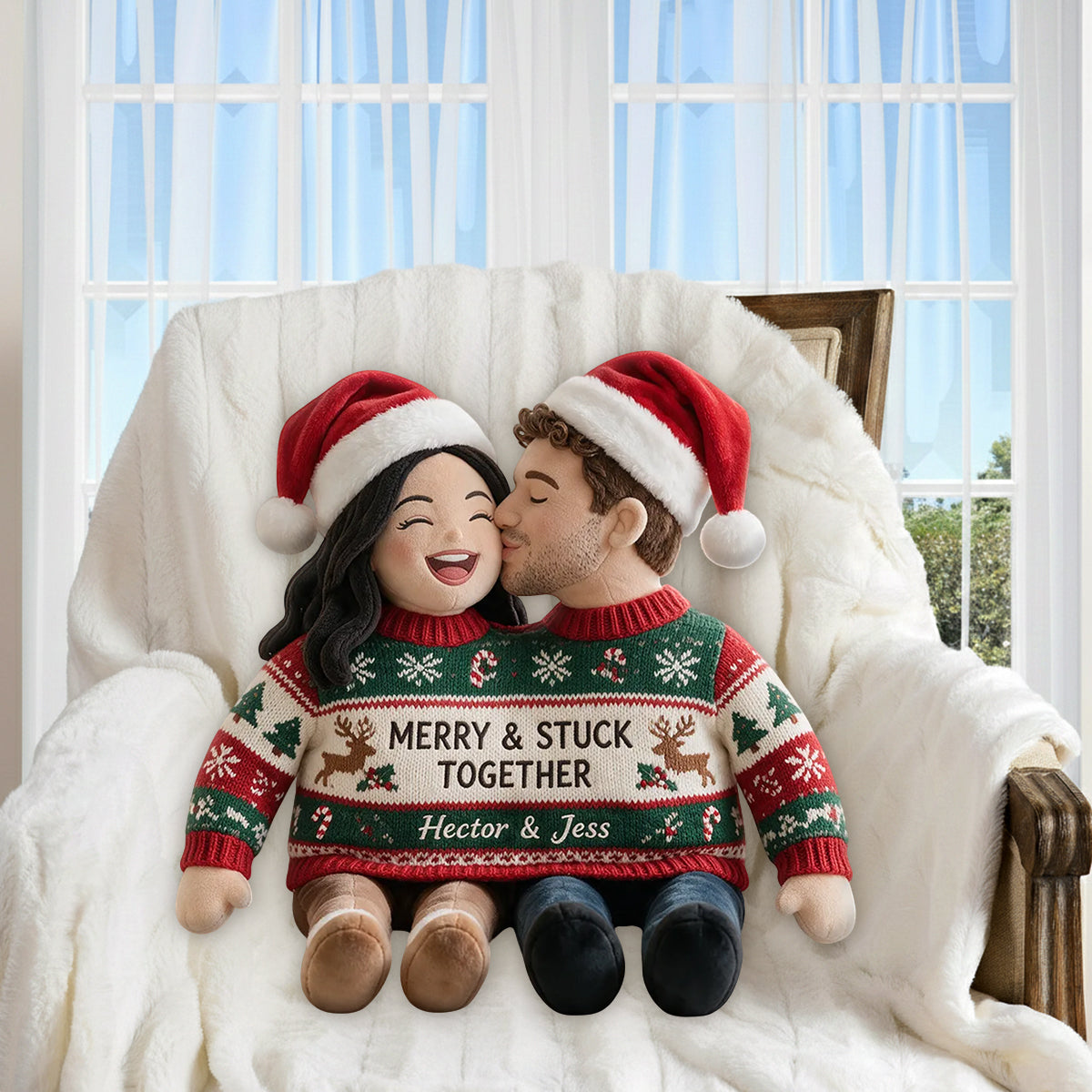Custom Photo Christmas Older Couple Faux Fur Pillow Gift for Parents Grandparents