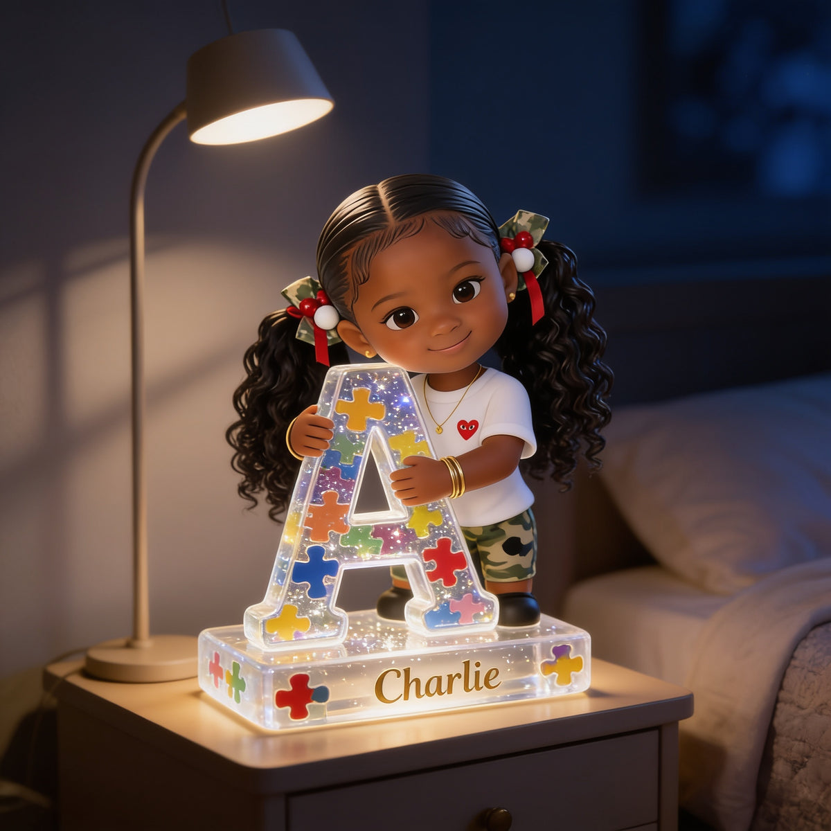 Personalized Black Little Girl Acrylic LED Night Light Kids Bedroom Gift