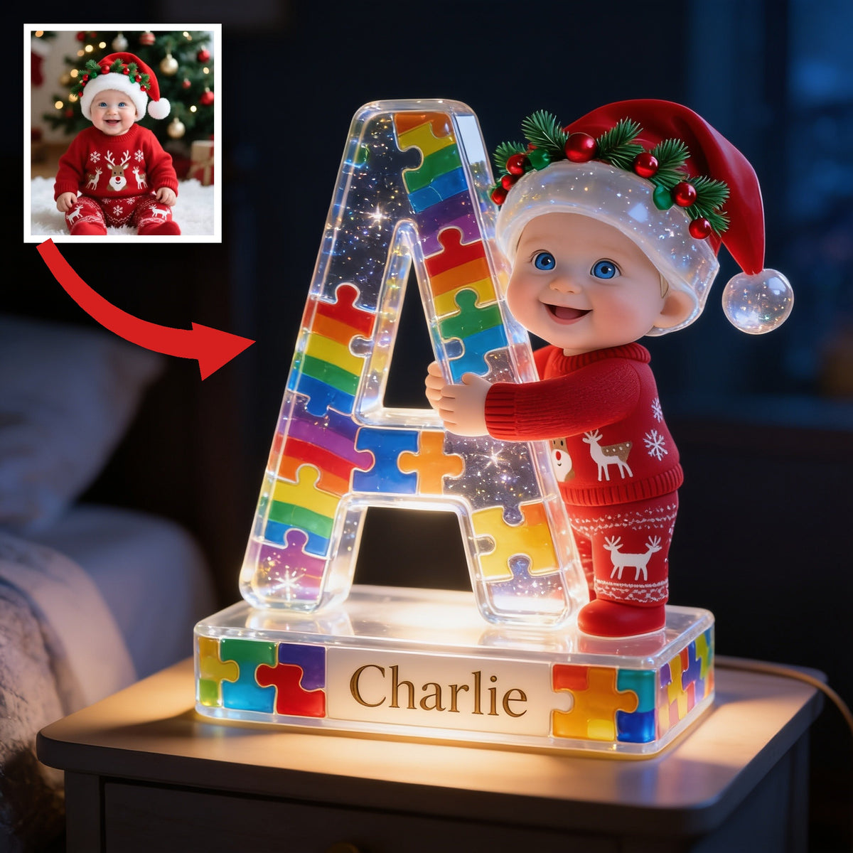 Personalized Christmas Baby Boy Acrylic LED Night Light Holiday Kid Gift