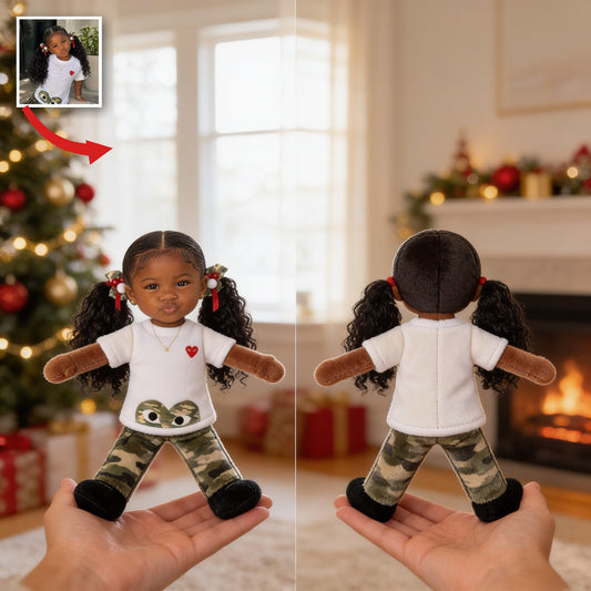 Custom Photo Black Little Girl Posable Plush Doll Gift for Daughter Granddaughter Niece