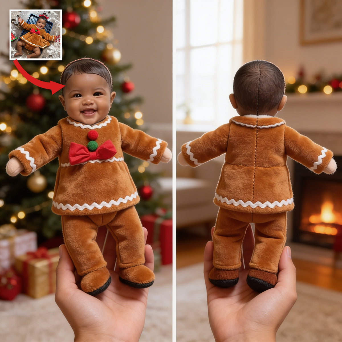 Custom Photo Christmas Black Christmas Baby Girl Gingerbread Costume Posable Plush Doll