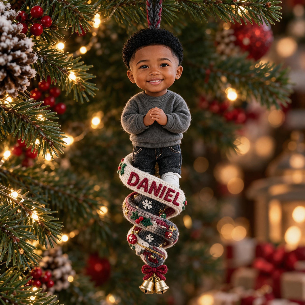 Custom Photo Christmas Black Little Boy Plush Ornament, Son Grandson Nephew Gift
