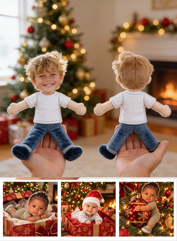 Custom Photo Little Boy Posable Plush Doll Personalized Son Grandson Keepsake Gift