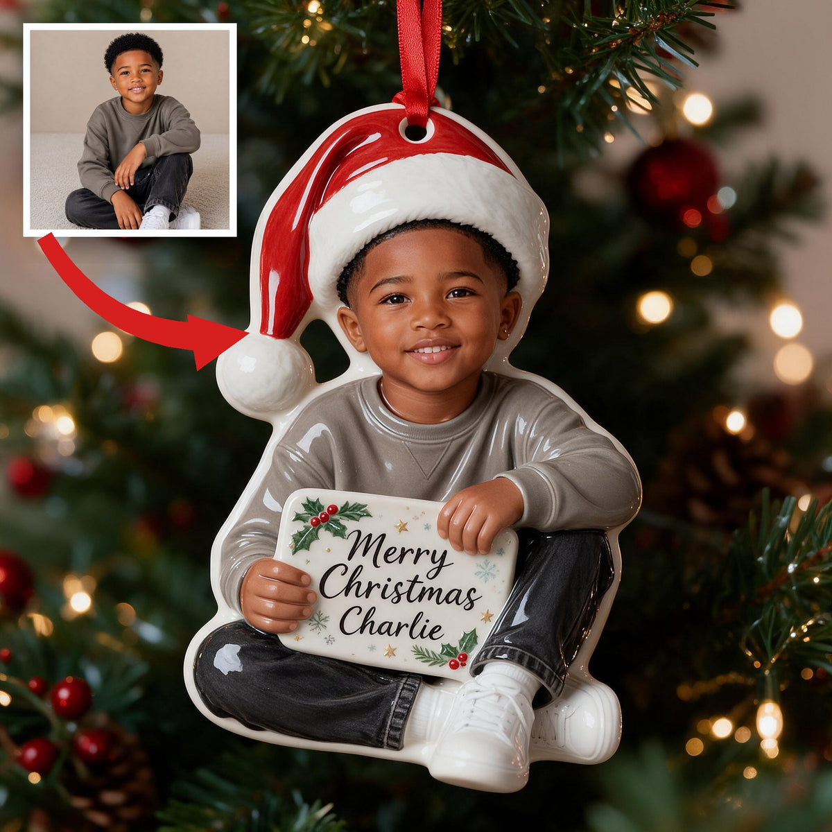 Personalized Christmas Black Little Boy 3D Ornament Custom Keepsake Gift