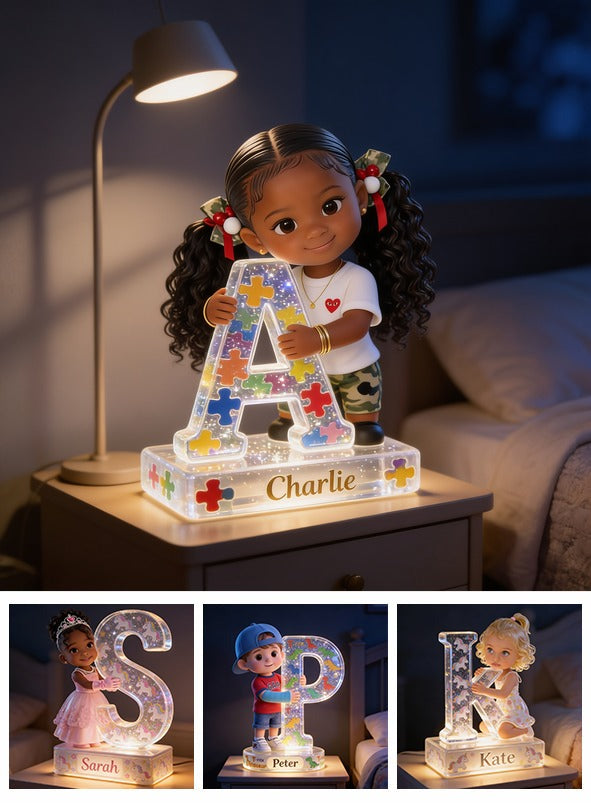 Personalized Black Little Girl Acrylic LED Night Light Kids Bedroom Gift
