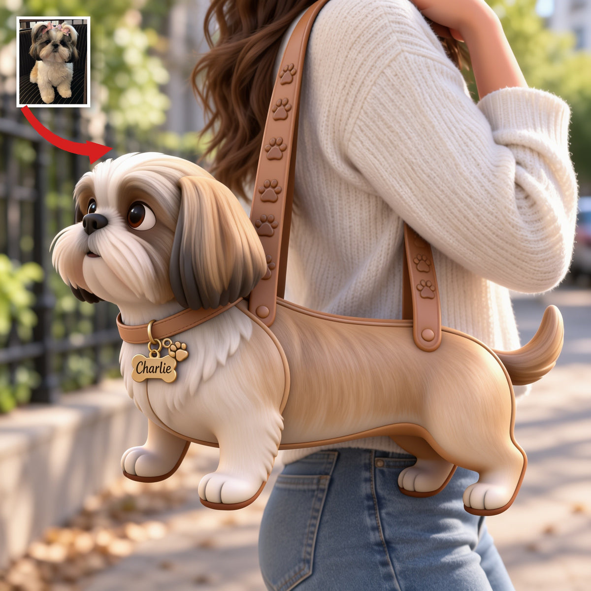 Personalized Fluffy Long Fur Shih Tzu Custom Shape Tote Bag Pet Lover Gift