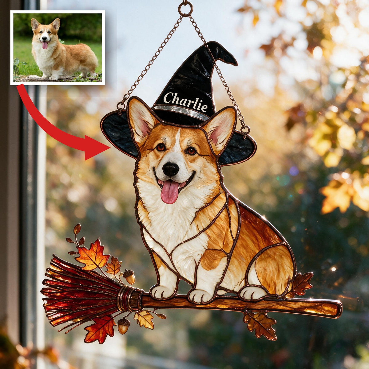 Personalized Halloween Tan and White Pembroke Welsh Corgi 3D Printed Glass Suncatcher