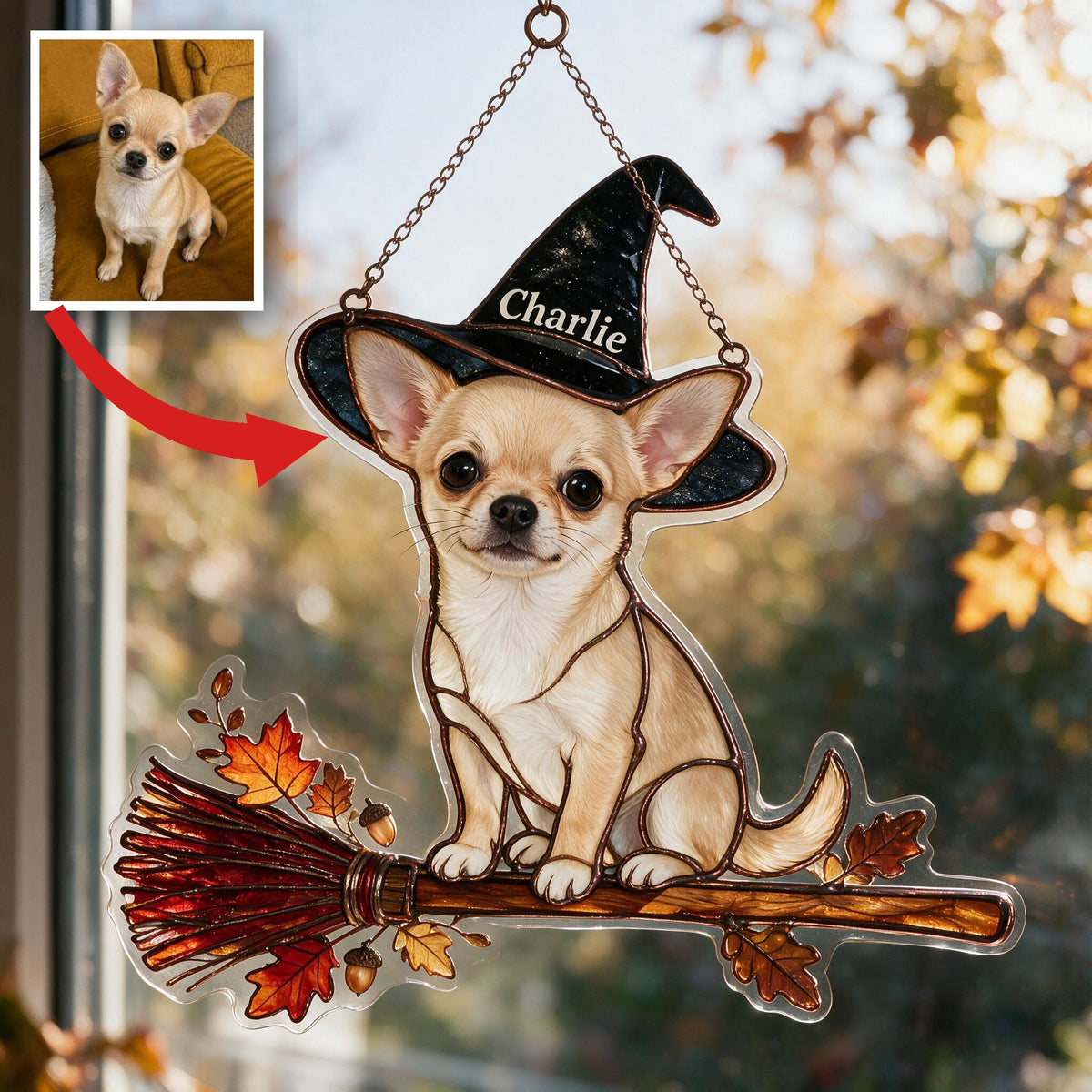 Personalized Halloween Fawn White Chihuahua Puppy 3D Glass Suncatcher