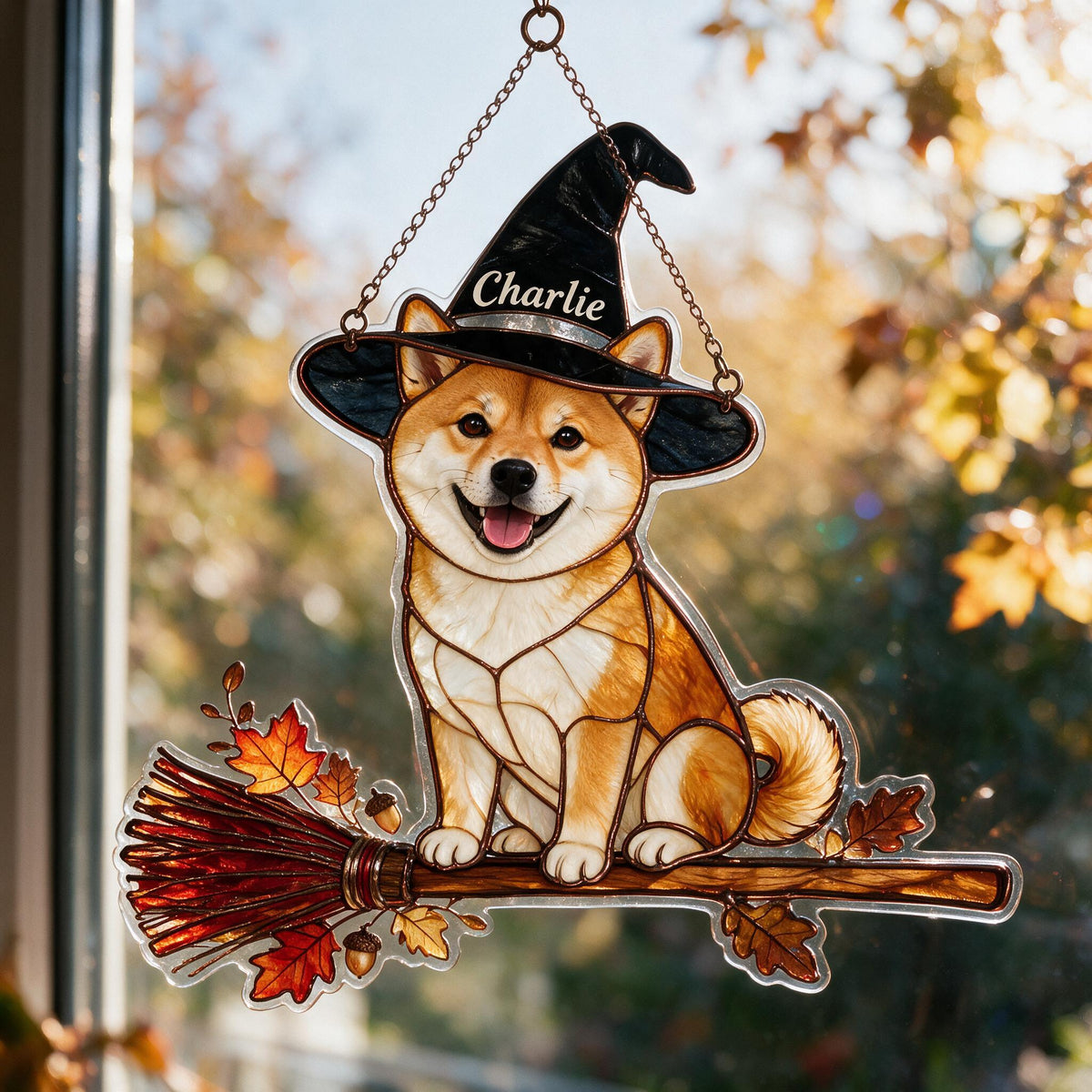 Personalized Halloween Tan and White Adult Shiba Inu 3D Glass Suncatcher