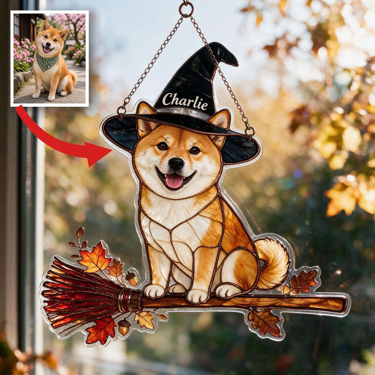 Personalized Halloween Tan and White Adult Shiba Inu 3D Glass Suncatcher