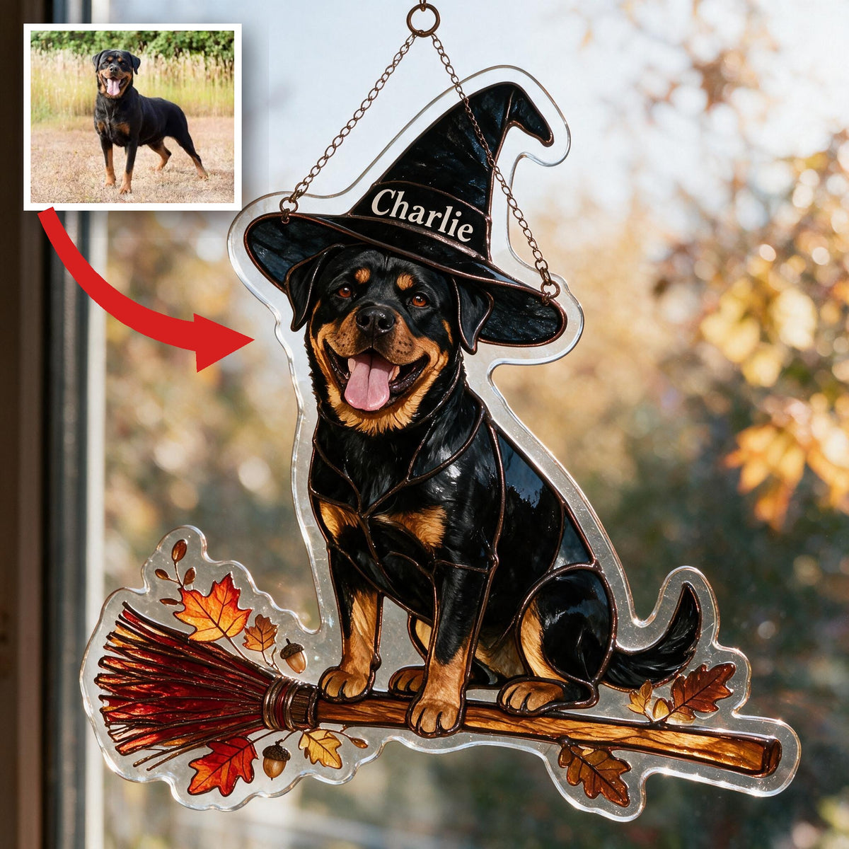 Personalized Halloween Black and Tan Rottweiler 3D Glass Suncatcher