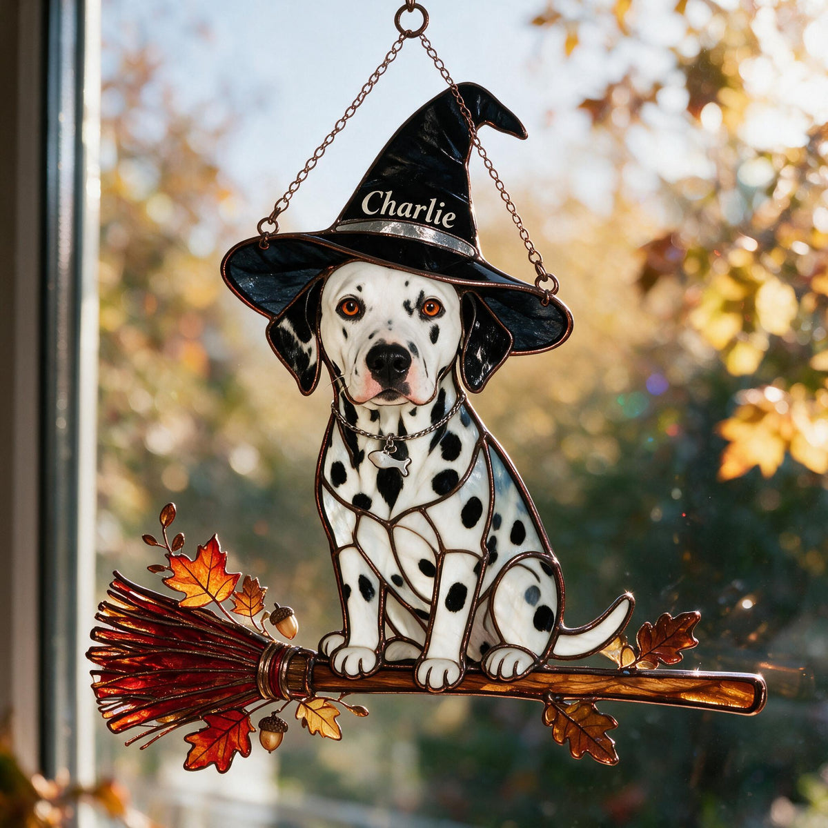 Personalized Halloween Black and White Spotted Dalmatian 3D Glass Suncatcher Decor
